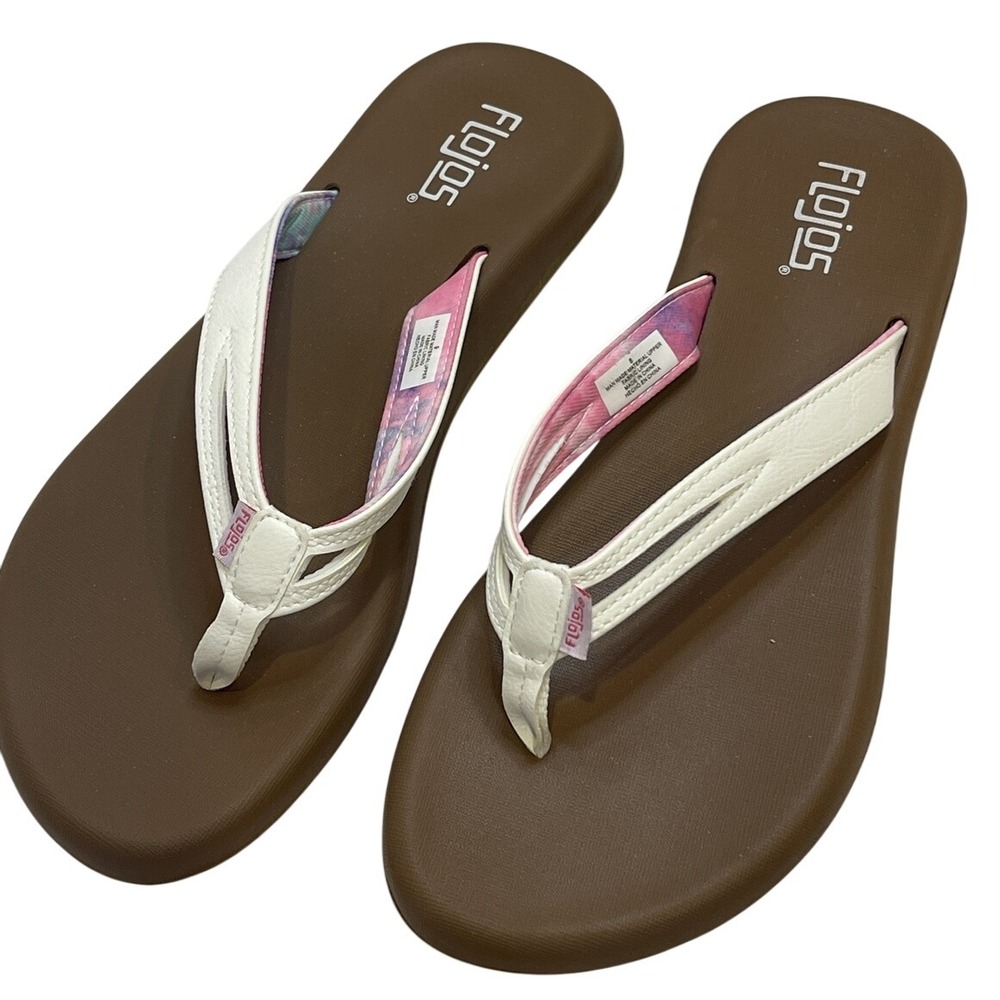 READ DESC Flojos Flip Flops Size 8 White Straps Brown Sole Casual Summer